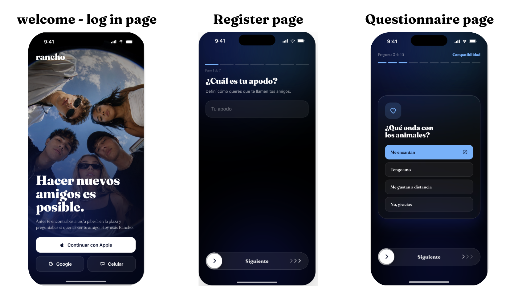 Welcome, register y questionnaire